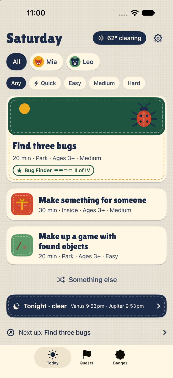 The Today screen: three quest cards, a weather chip and a Tonight strip