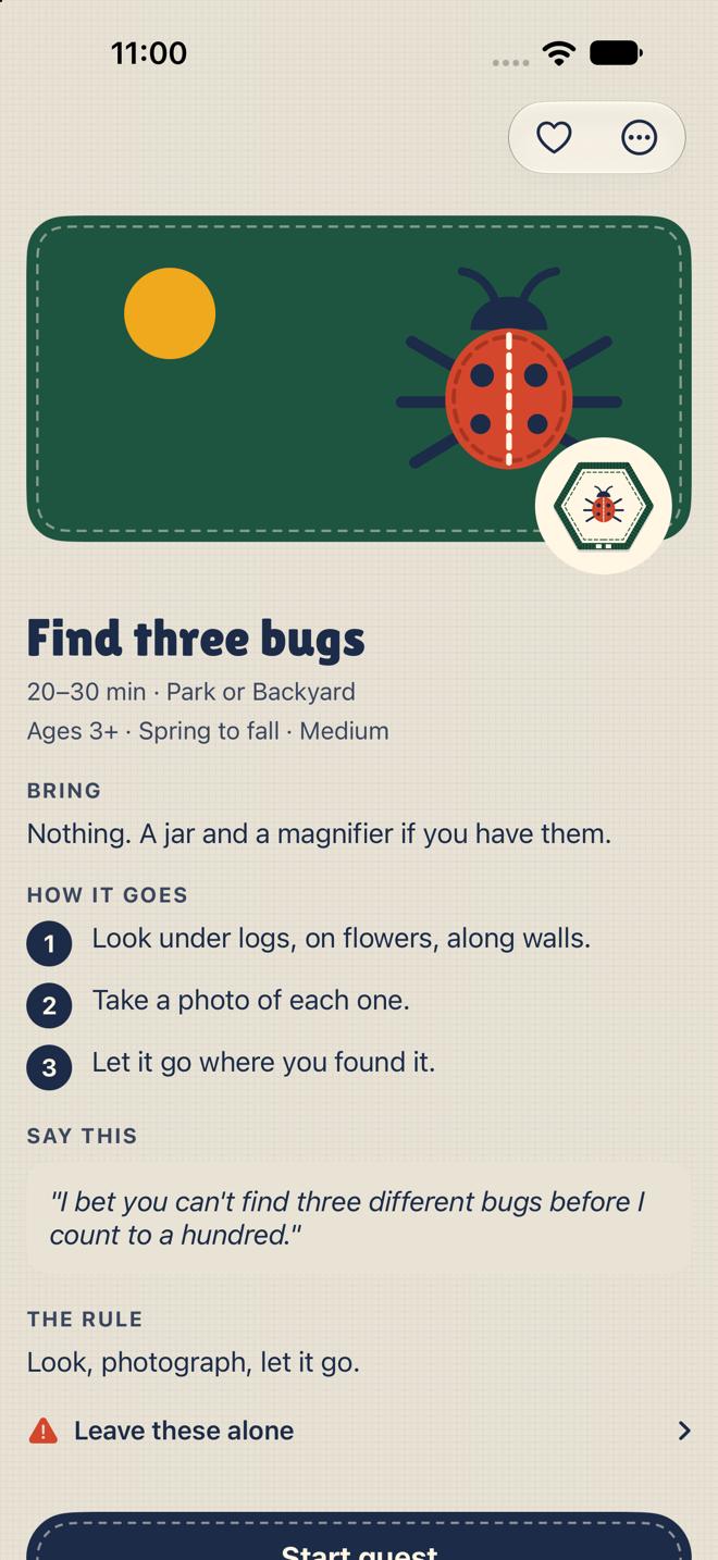 A quest card for Find three bugs: what to bring, three steps, what to say, the rule